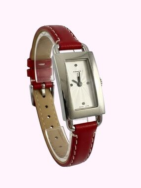 Coach Red Leather Slim Strap Rectangular Watch